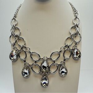 Silver Tone Teardrop Crystal Statement Necklace 18.5-21” Glass Bold Elegant